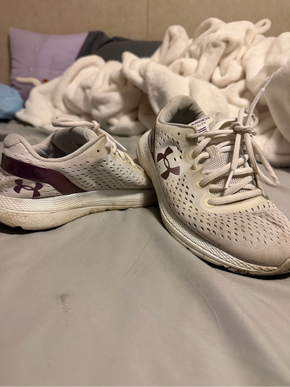 Under Armour Women's Light Beige Athletic Sneakers with Maroon Logo